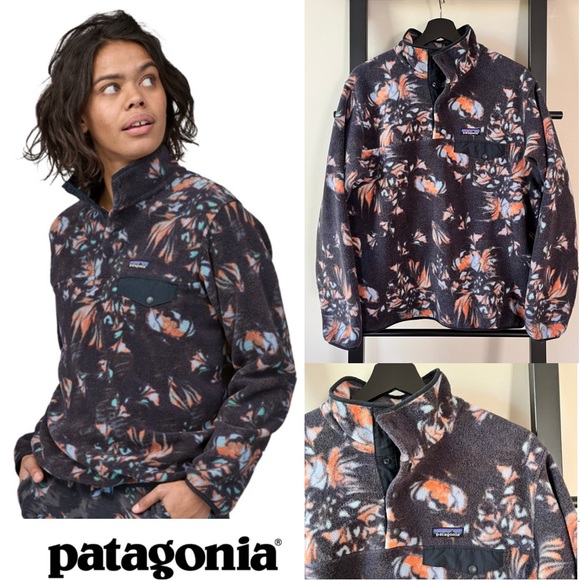 Patagonia Synchilla Snap-T lightweight Swirl Floral & Pitch Blue Gray Women’s L - Picture 1 of 16